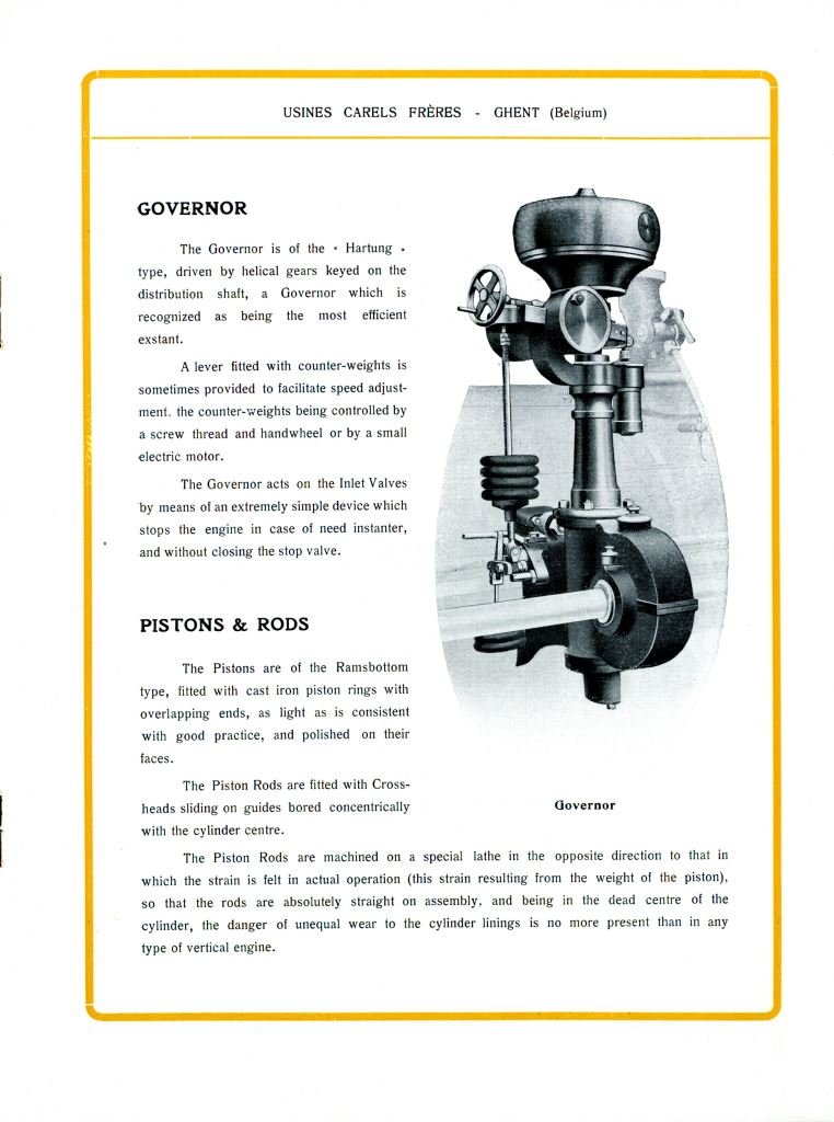 Productcatalogus waarin het bedrijf Carels zijn stoommachines met 1 cilinder voorstelt